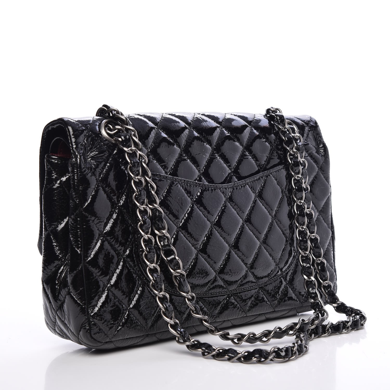 CHANEL Distressed Patent Quilted Medium Double Flap Black 282306