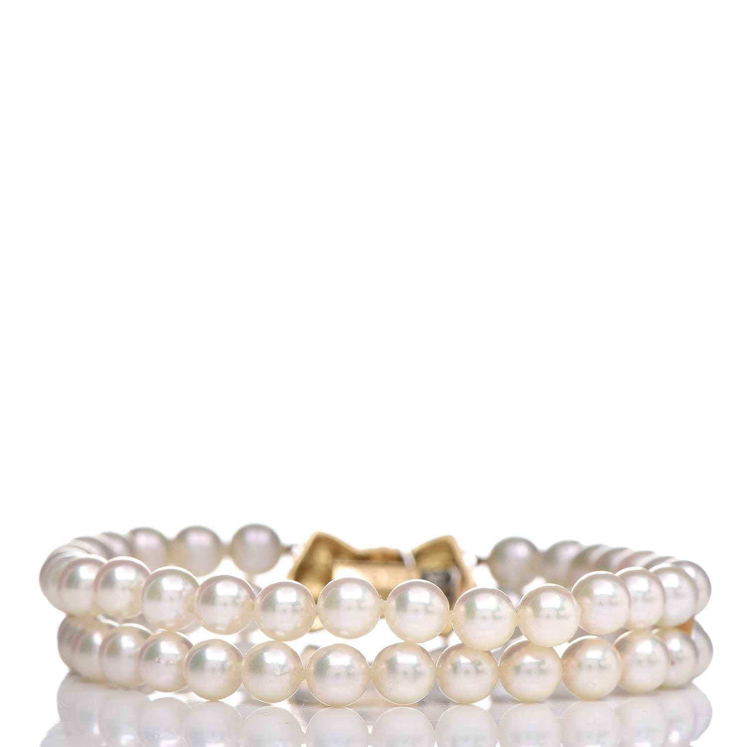 Mikimoto K Yellow Gold Akoya Pearl Double Strand Bow Clasp Bracelet