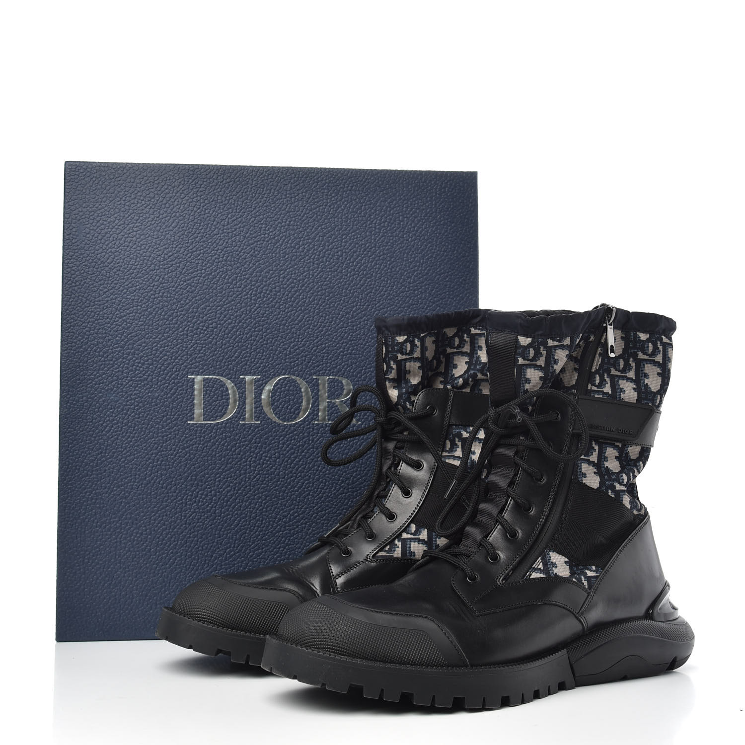 CHRISTIAN DIOR Oblique Smooth Calfskin Combat Boots 41 Beige Black