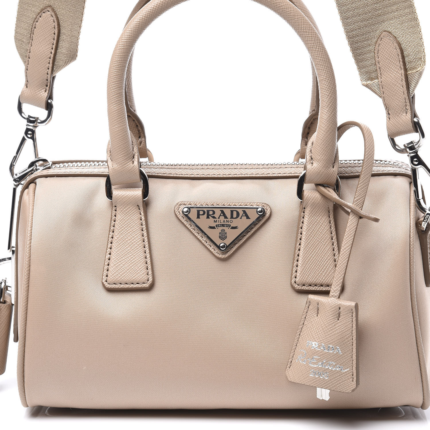 Prada Tessuto Nylon Saffiano Re Edition Top Handle Bag Cammeo