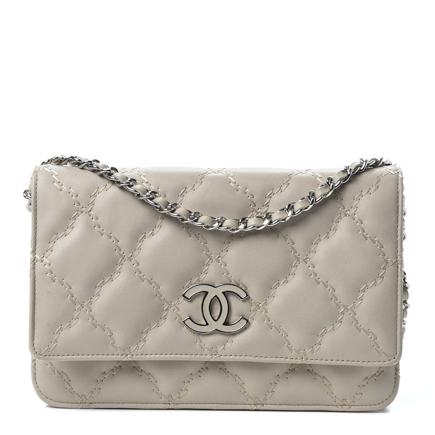 CHANEL Calfskin Double Stitch Hamptons Wallet On Chain WOC Grey 577331 ...