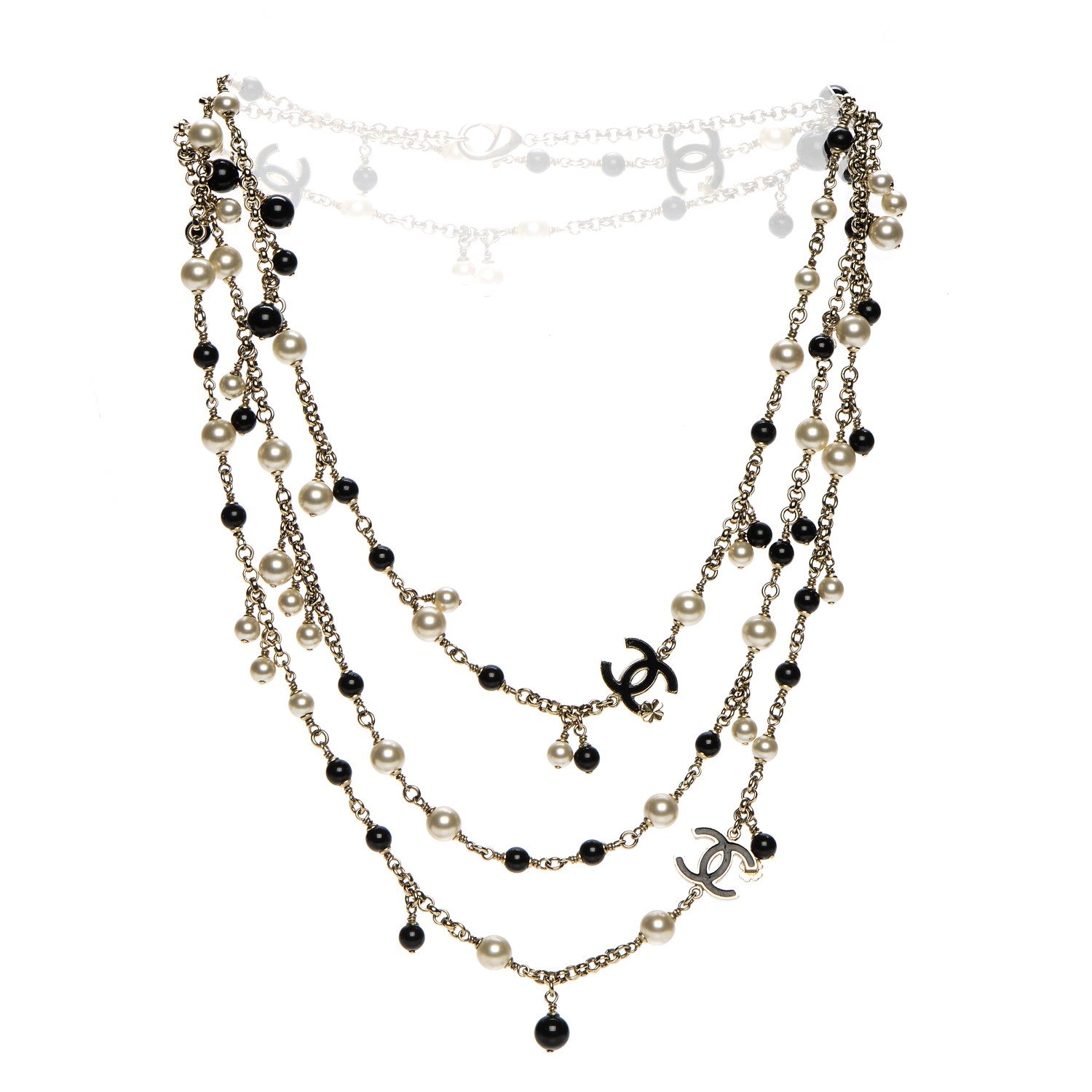 CHANEL Pearl Beaded CC Long Necklace Black Gold 201627