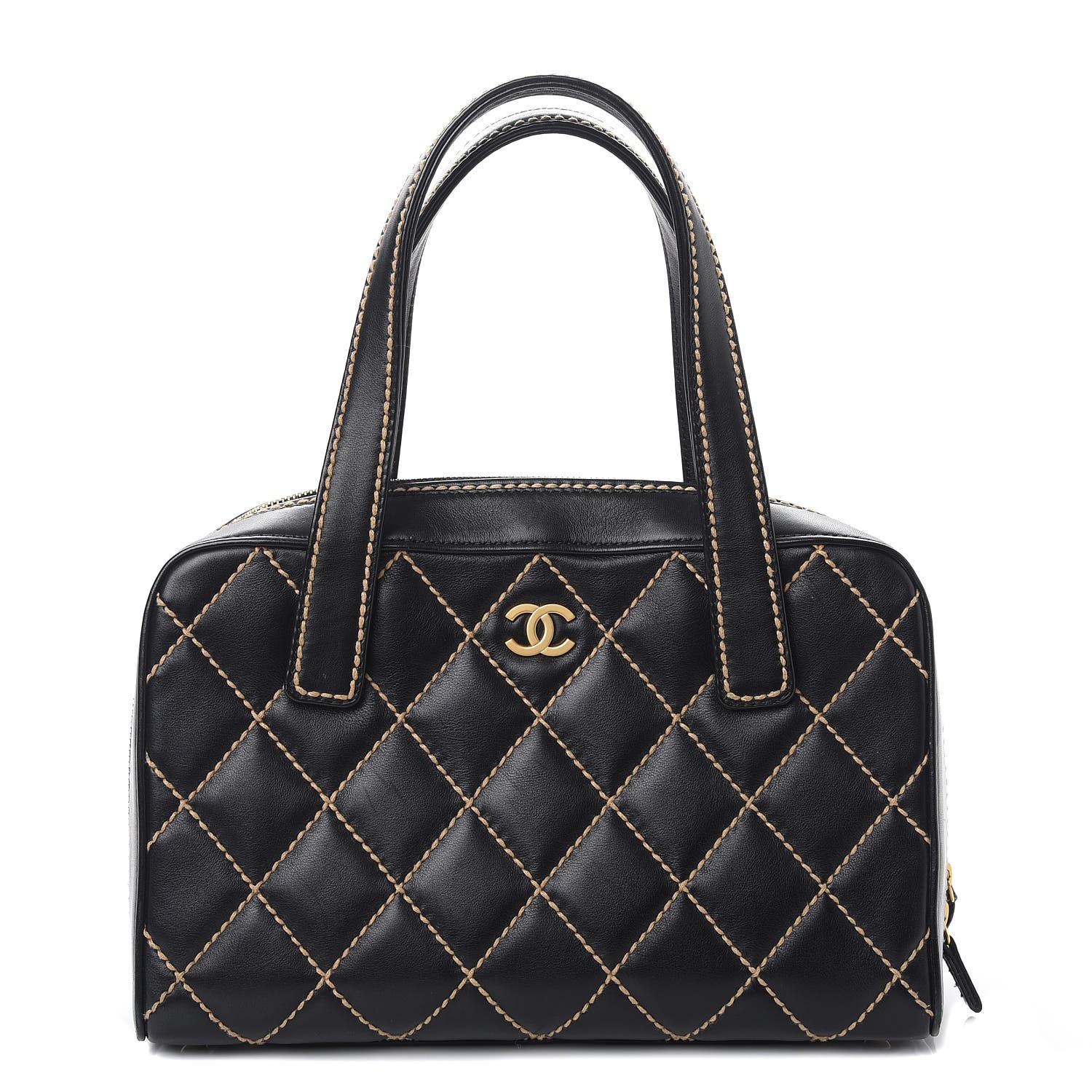 CHANEL Calfskin Wild Stitch Top Handle Bag Black 259778