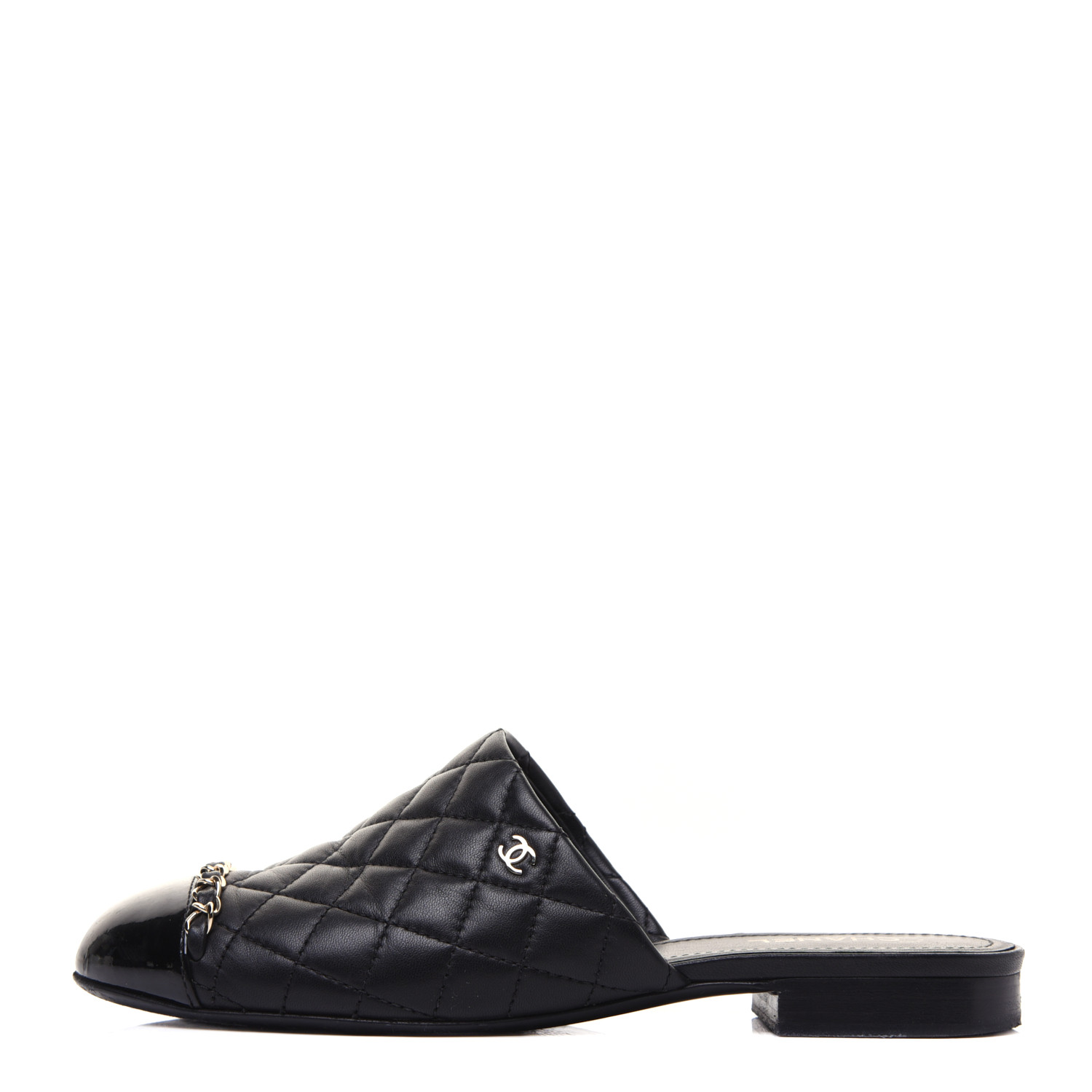 CHANEL Lambskin Patent Quilted Chain Mules 37.5 Black 711648 | FASHIONPHILE