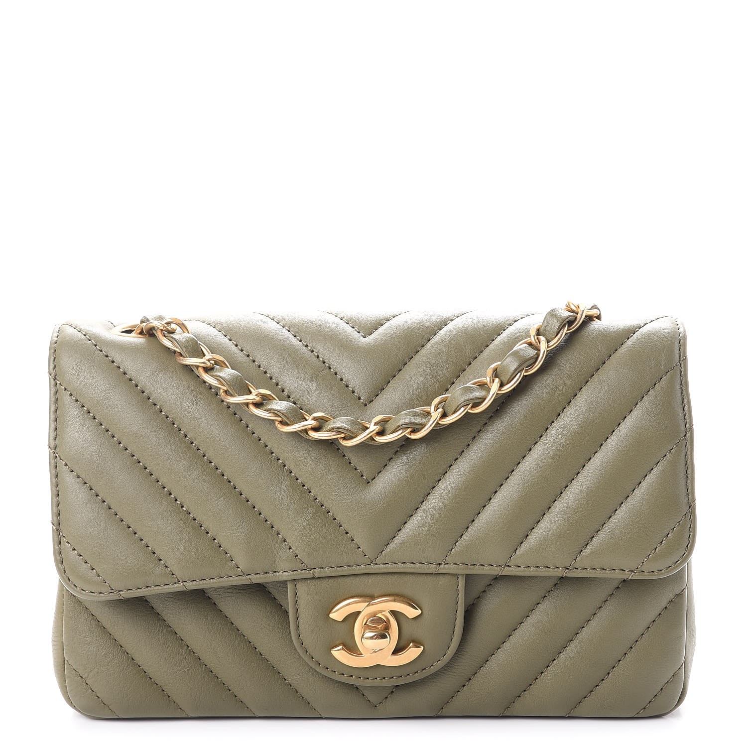 CHANEL Calfskin Chevron Quilted Mini Rectangular Flap Khaki 264247