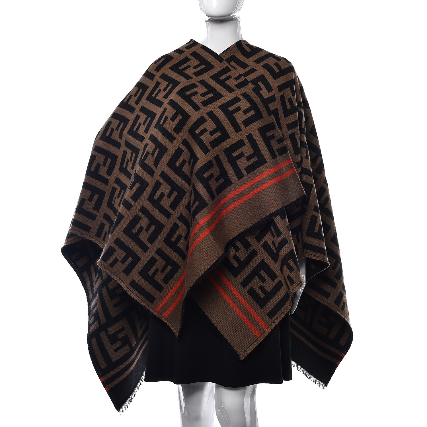 FENDI Wool Silk Macro Zucca Shawl Black Tobacco 452113