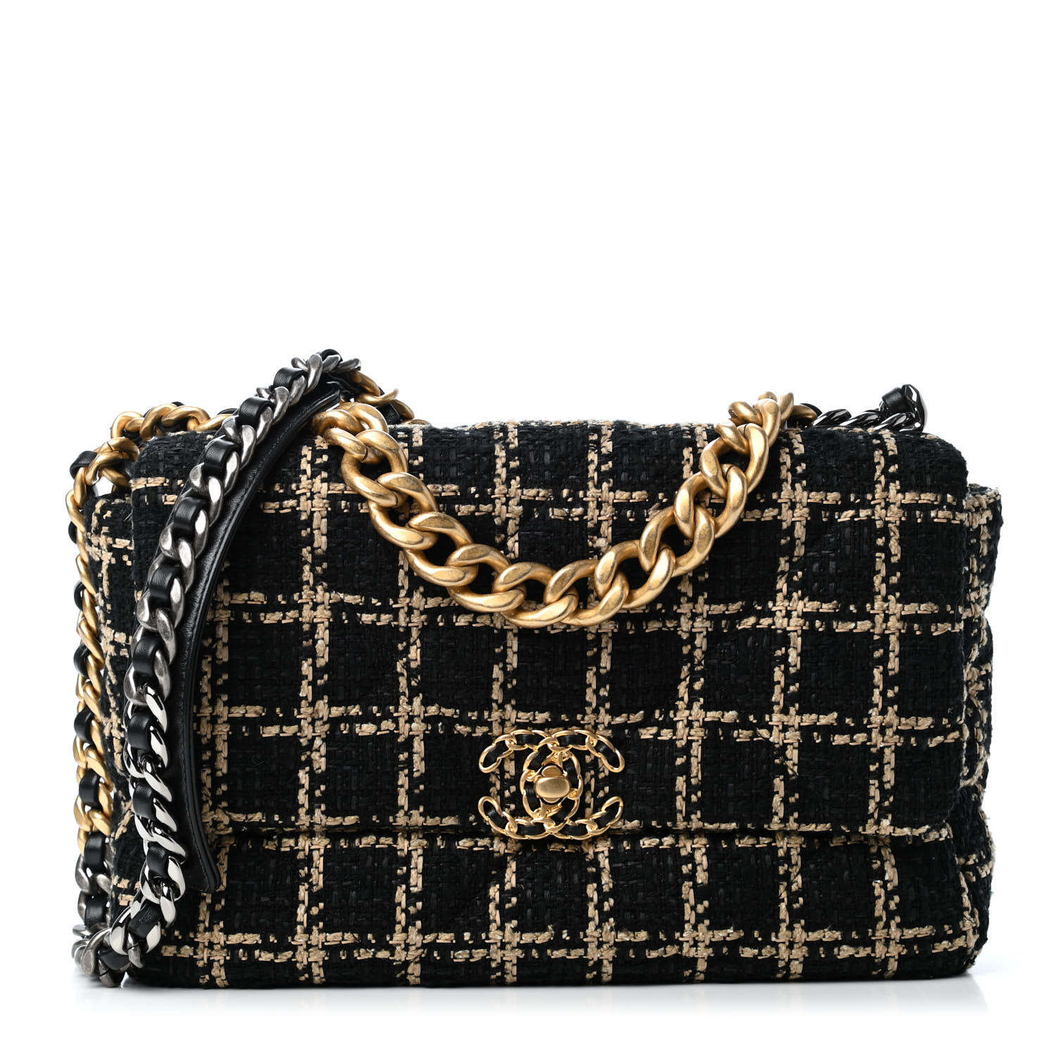 CHANEL Tweed Quilted Large Chanel 19 Flap Black Beige 814470 | FASHIONPHILE