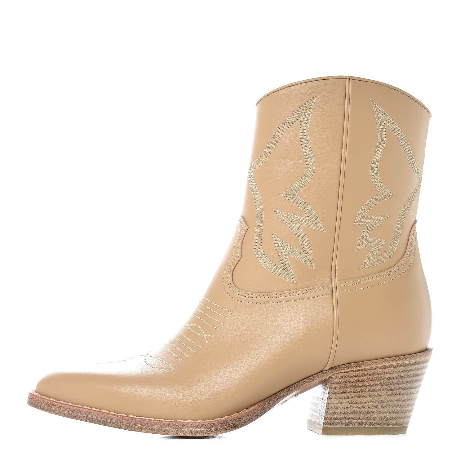 VALENTINO Calfskin Embroidered Texan Ankle Boots 36.5 Beige 408349
