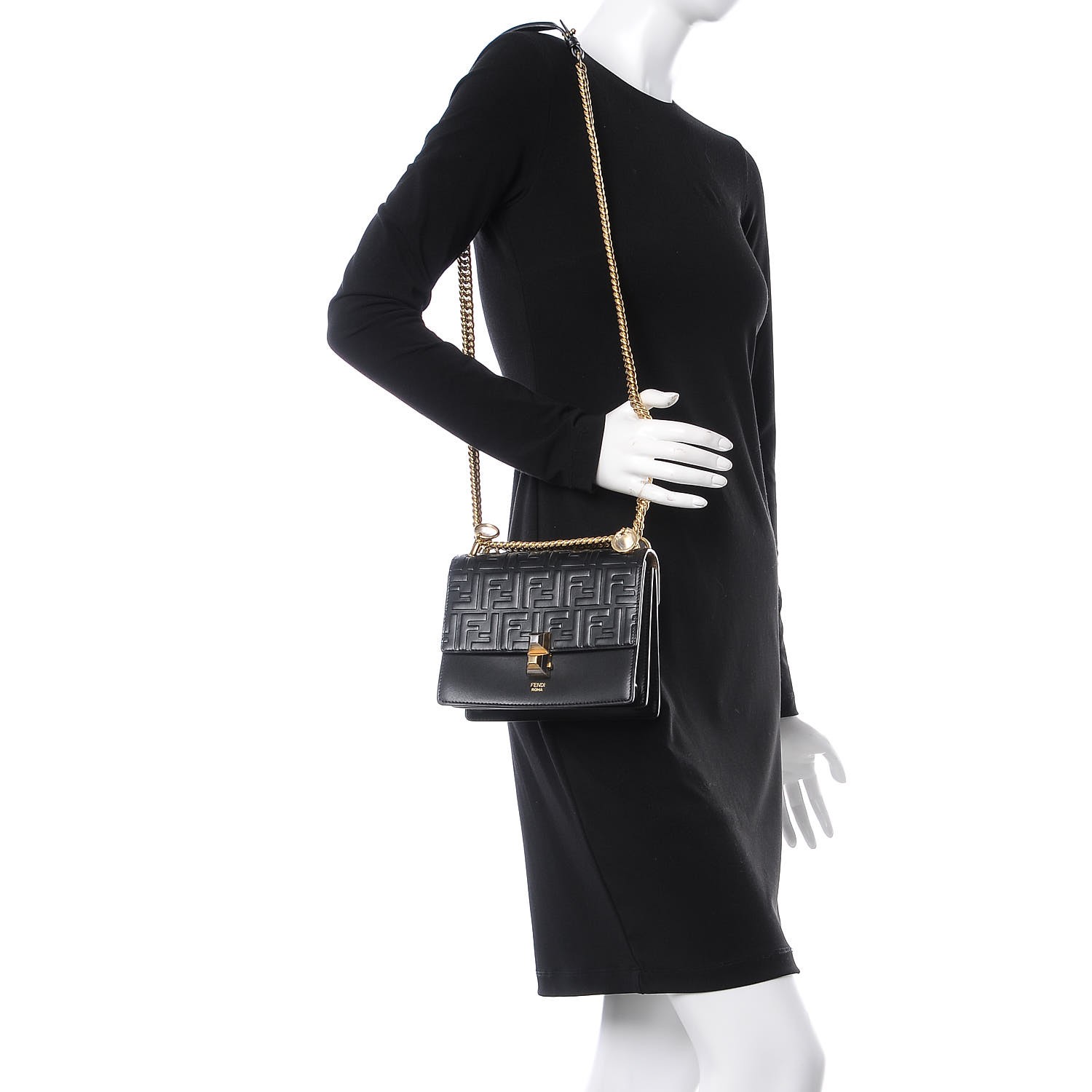 fendi calfskin zucca embossed kan i shoulder bag black