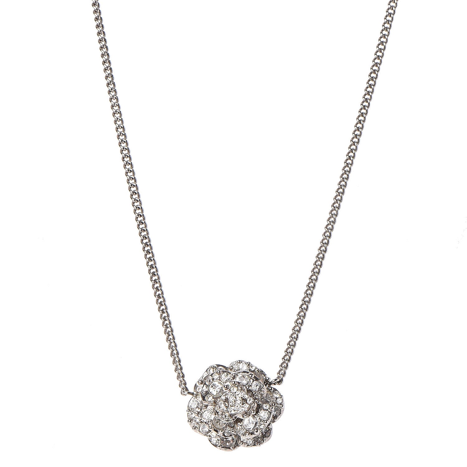 CHANEL Swarovski Crystal Camellia CC Necklace Silver 251369