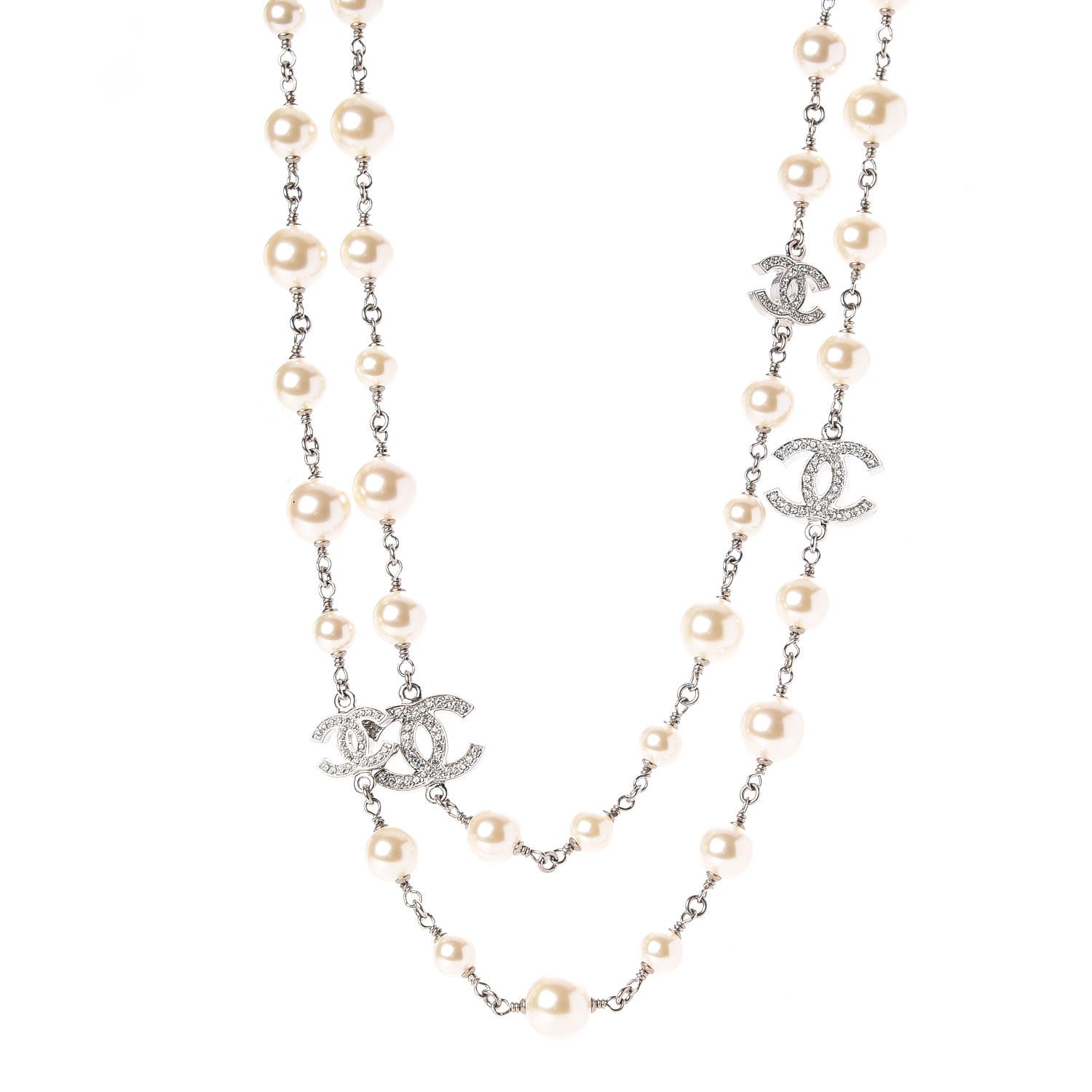 chanel crystal pearl cc long necklace silver