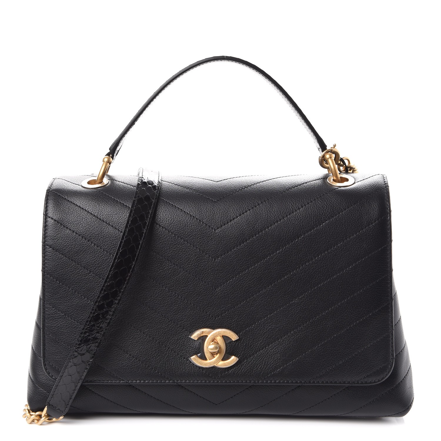 CHANEL Grained Calfskin Elaphe Stitched Medium Chevron Chic Top Handle ...