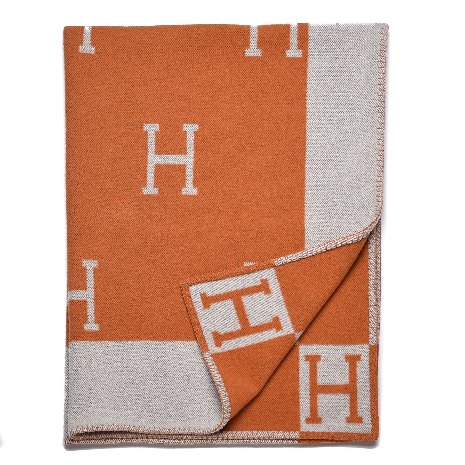 HERMES Wool Cashmere Signature Classic Avalon Blanket Ecru Potiron 251568