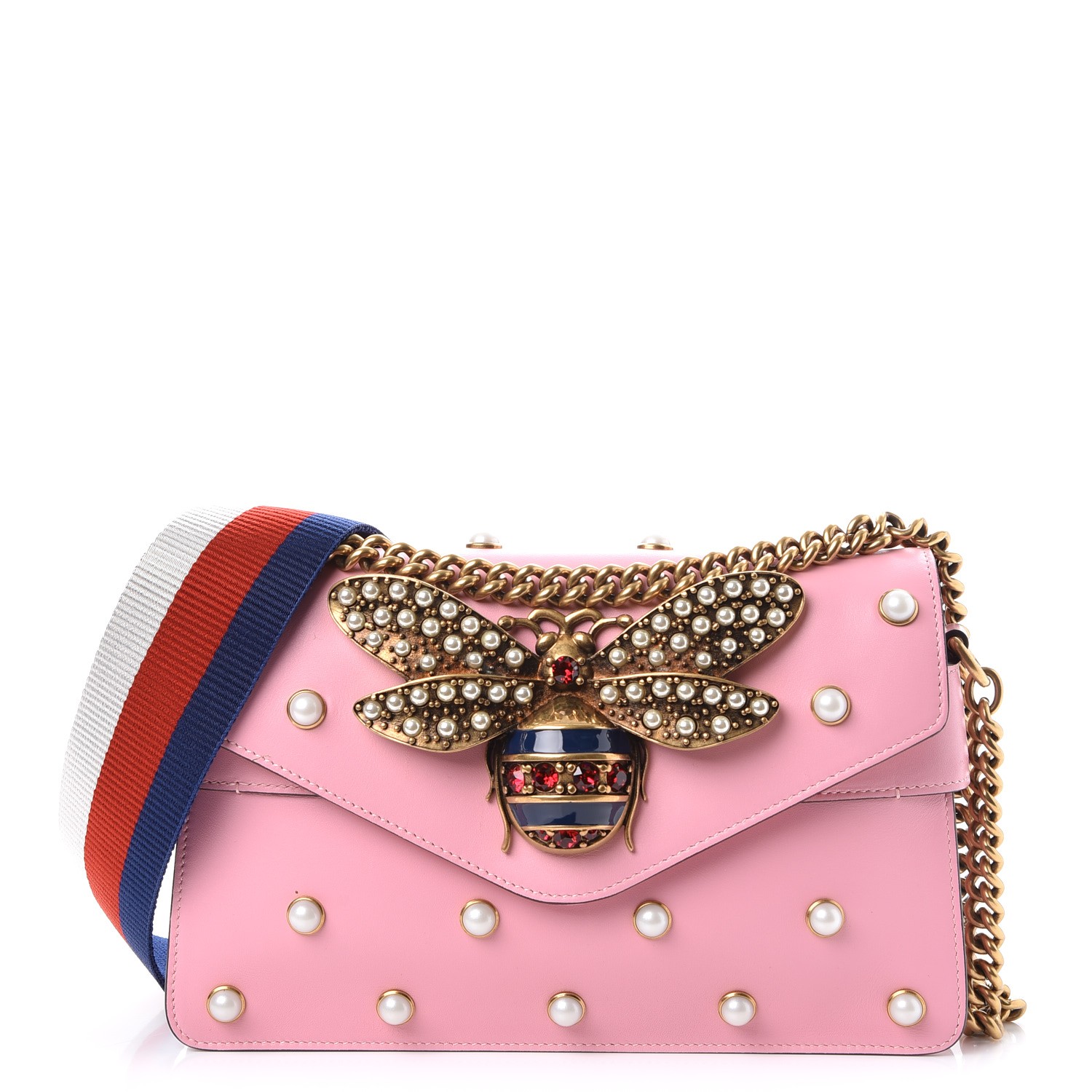 GUCCI Calfskin Pearl Studded Mini Broadway Bee Shoulder Bag Light Pink 251585
