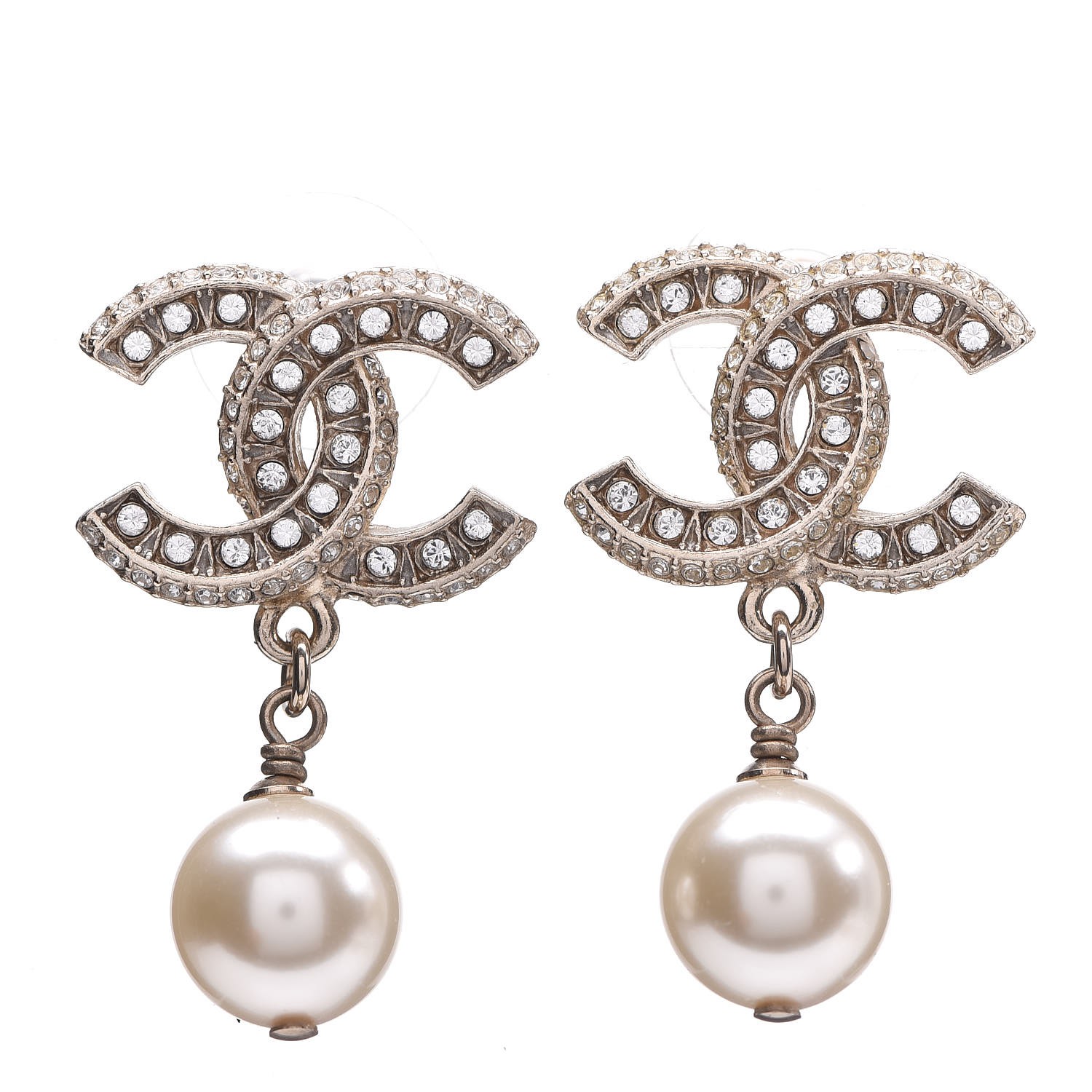 CHANEL Crystal Pearl CC Drop Earrings Gold 371902