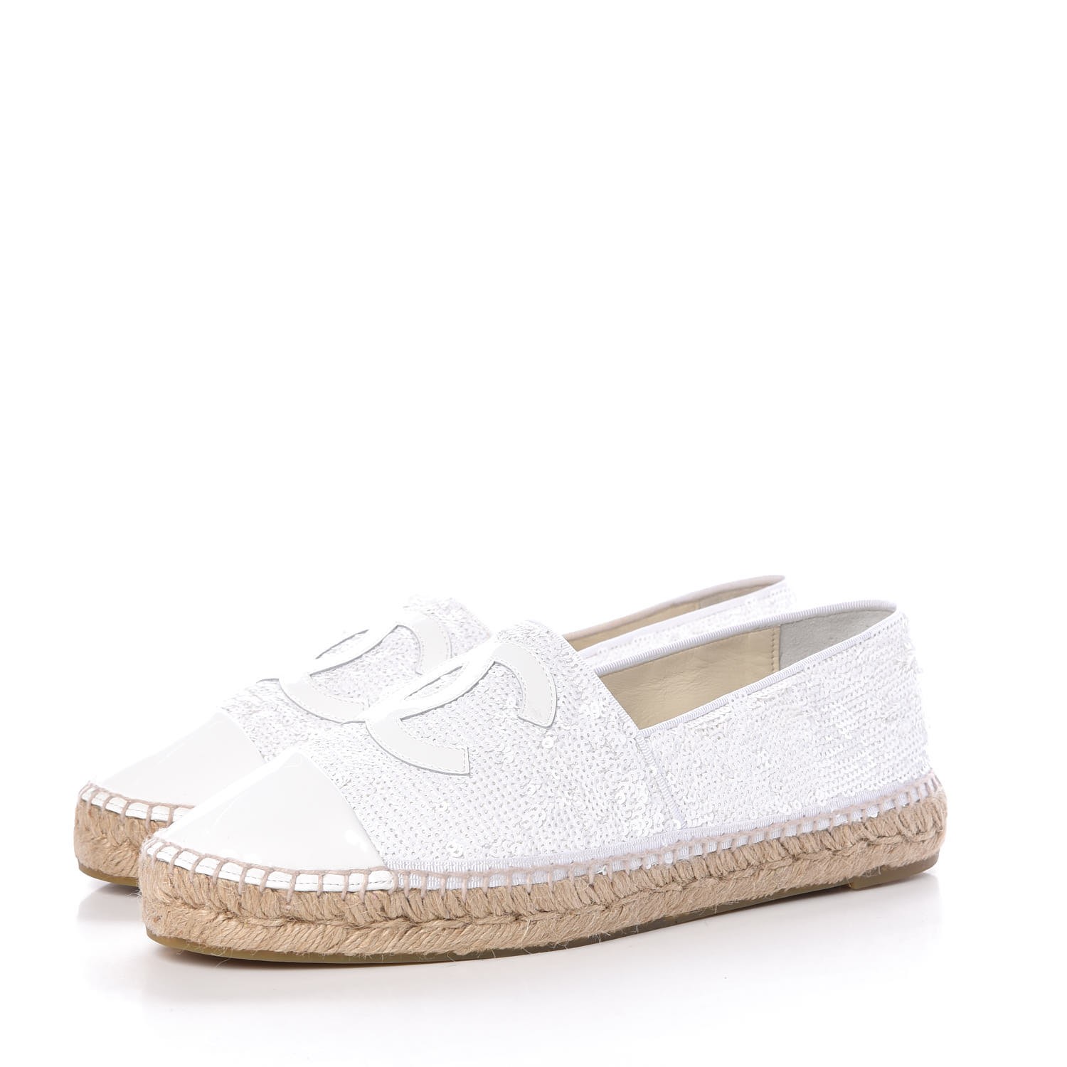 CHANEL Patent Sequin CC Espadrilles 42 White 306211