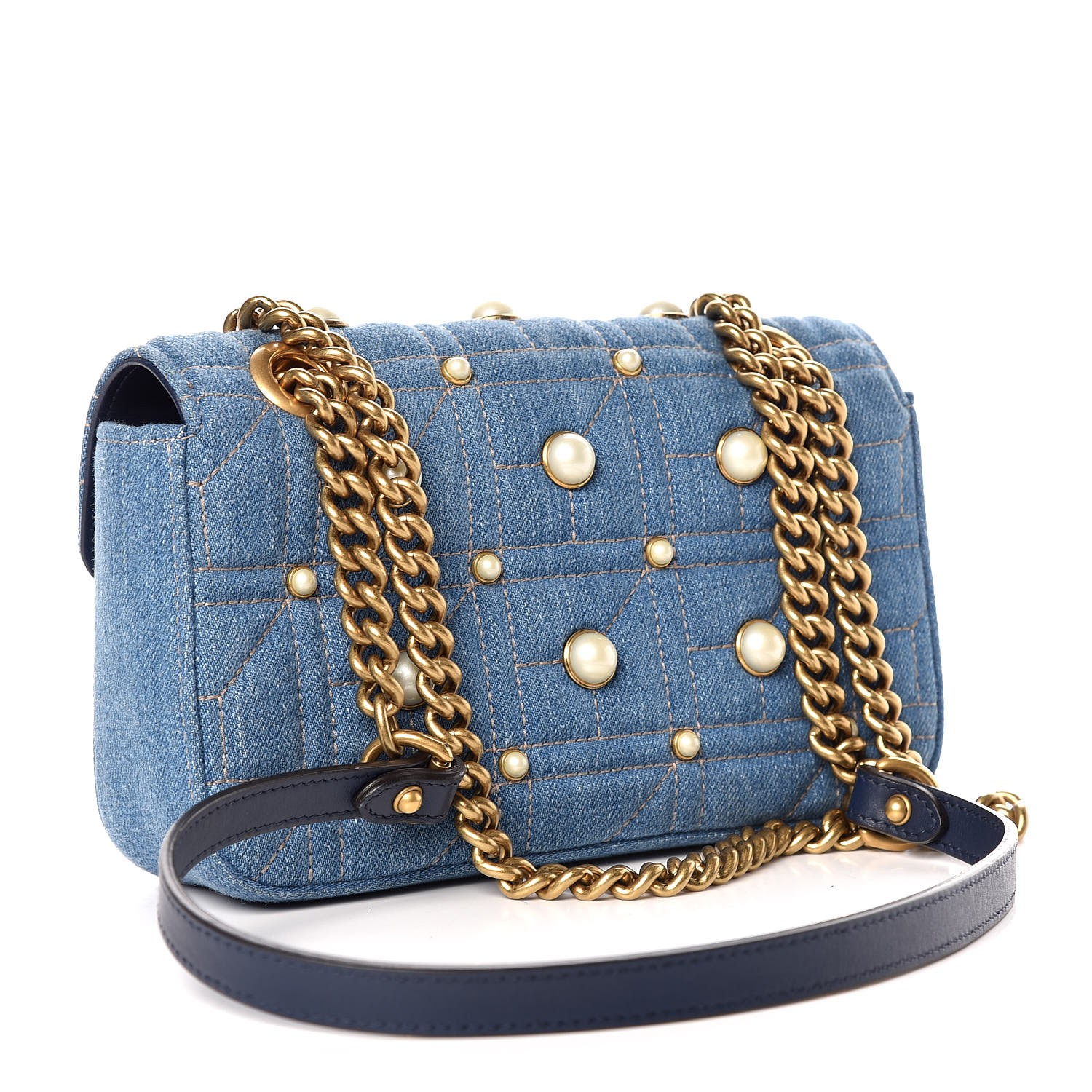 GUCCI Denim Matelasse Pearl Studded Mini GG Marmont Chain Shoulder Bag ...