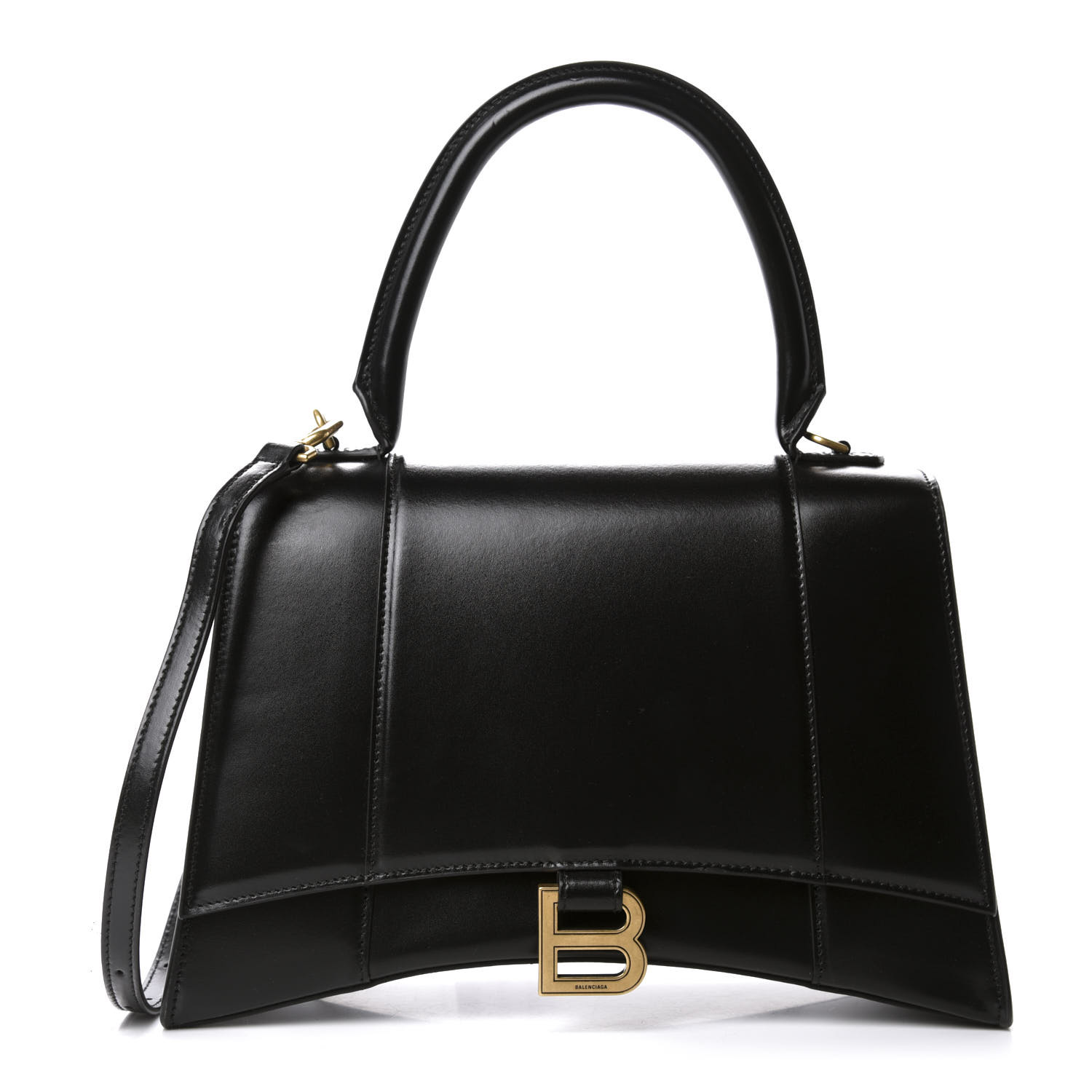 BALENCIAGA Shiny Box Calfskin Medium Hourglass Top Handle Bag Black ...