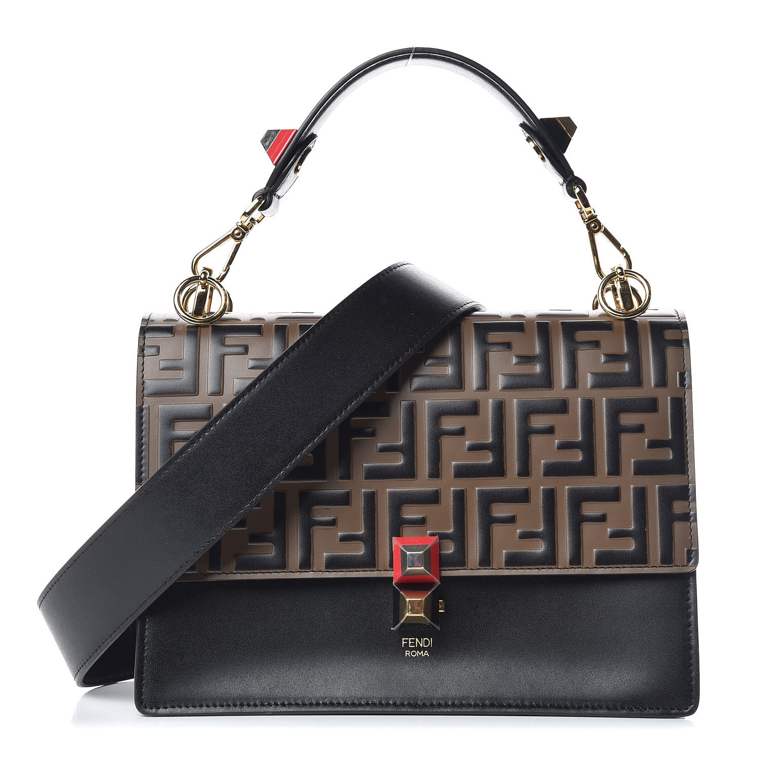 fendi calfskin zucca embossed kan i shoulder bag black