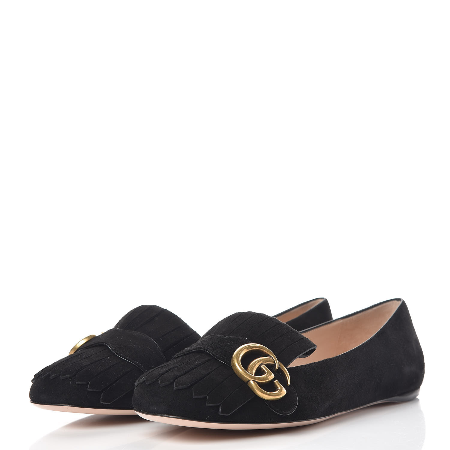 GUCCI Suede GG Marmont Fringe Flats 38 Black 432774