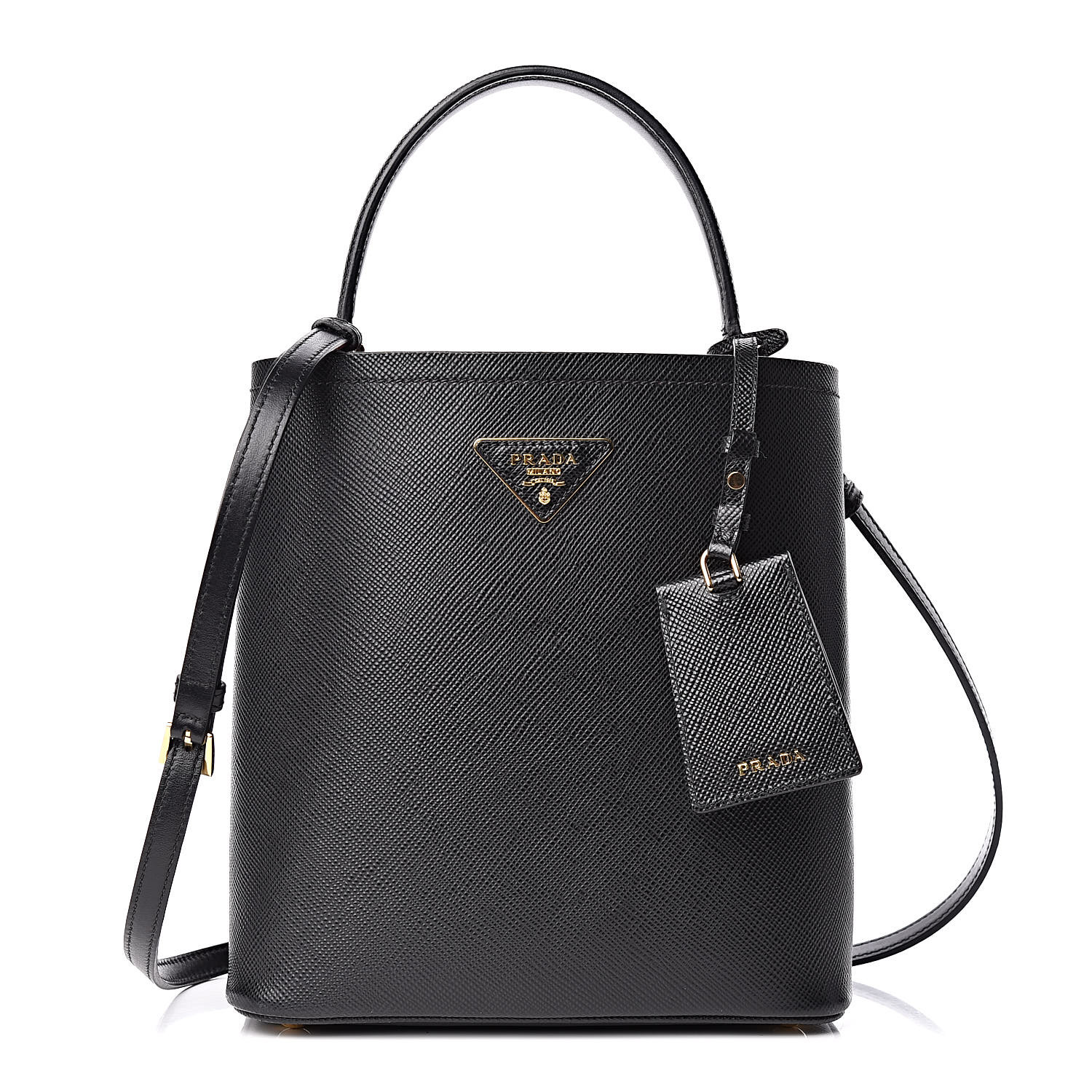 PRADA Saffiano Cuir Medium Panier Bucket Bag Black Fuoco 426823 | FASHIONPHILE