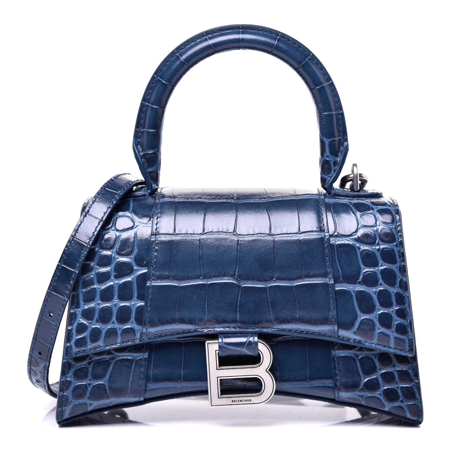 BALENCIAGA Shiny Calfskin Crocodile Embossed Hourglass Top Handle Bag ...