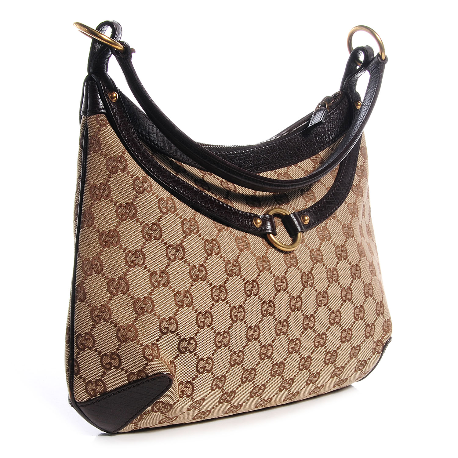 Gucci Monog Horsebit Hobo Shoulder Handbag Brown Canvas XL Gold