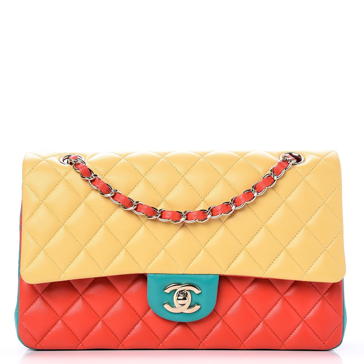 CHANEL Lambskin Quilted Tri-Color Medium Double Flap Jaune Rouge ...