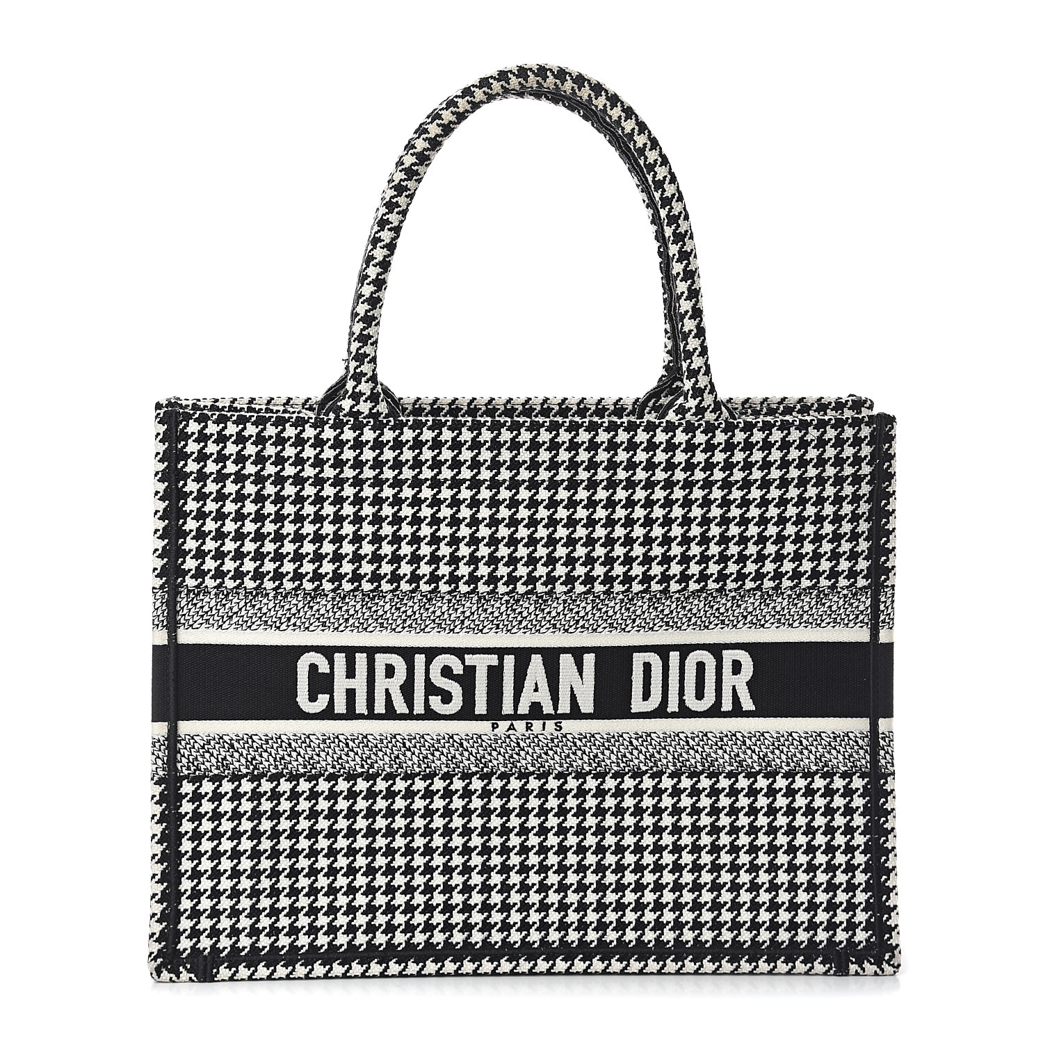 CHRISTIAN DIOR Embroidered Canvas Houndstooth Small Book Tote Black White 542257