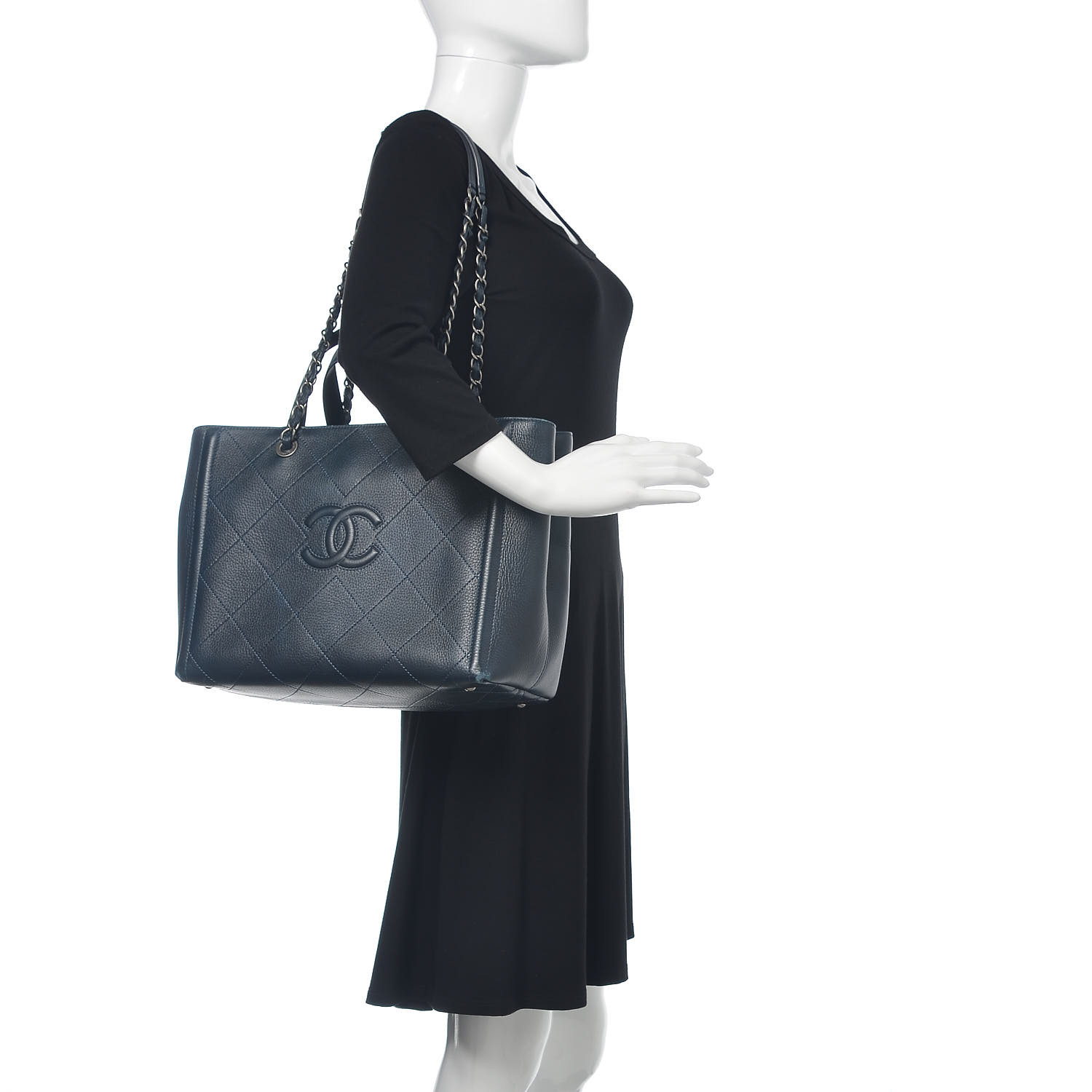 CHANEL Deerskin Stitched Large CC Shopping Tote Navy 471655