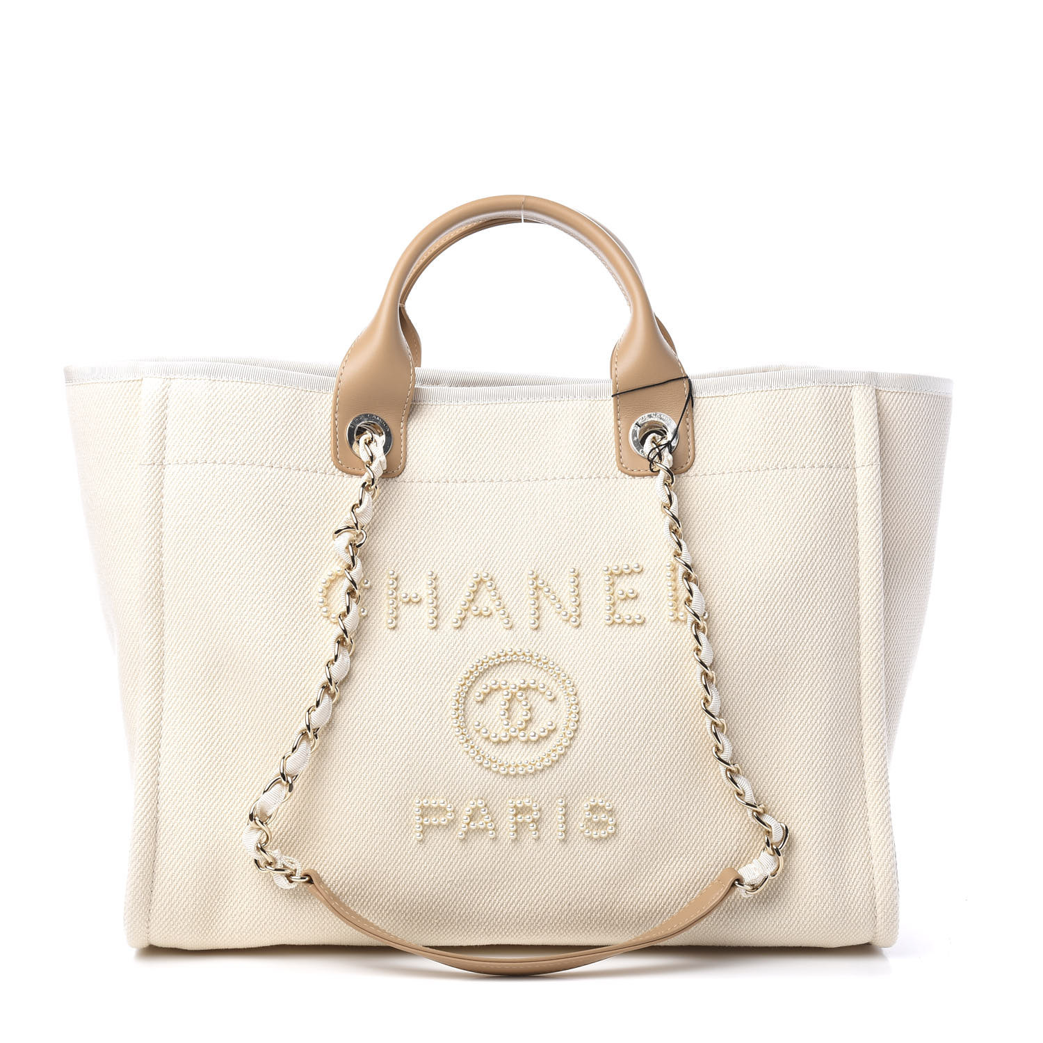 CHANEL Canvas Pearl Medium Deauville Tote Ecru Beige 588610 | FASHIONPHILE