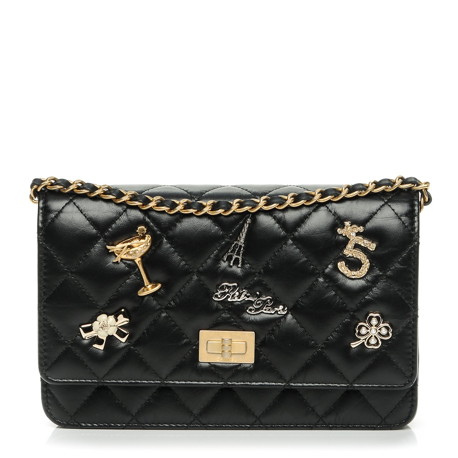 CHANEL Aged Calfskin Quilted Lucky Charms 2.55 Reissue Wallet On Chain ...