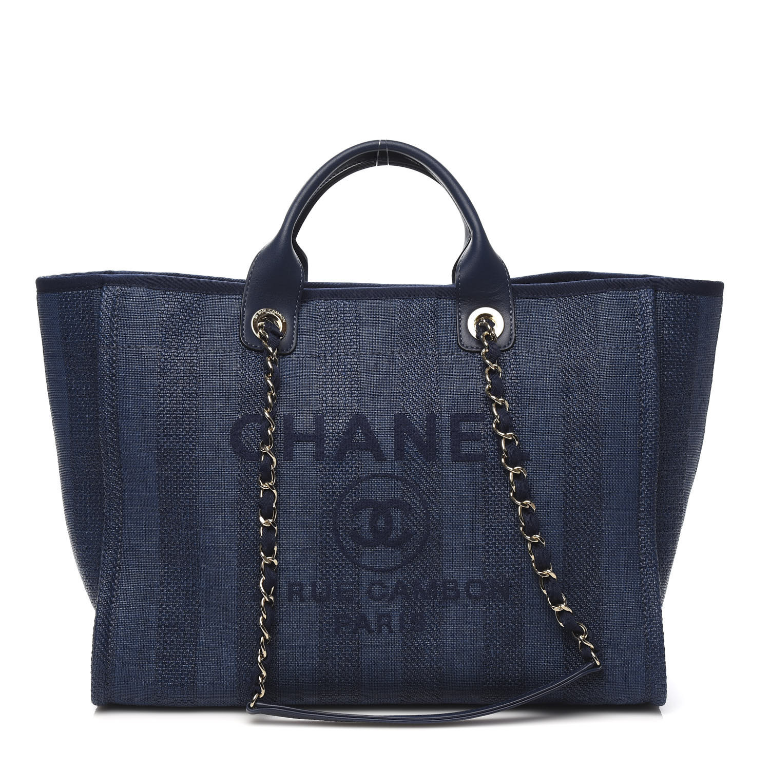 CHANEL Mixed Fibers Striped Medium Deauville Tote Navy Blue 642814 ...