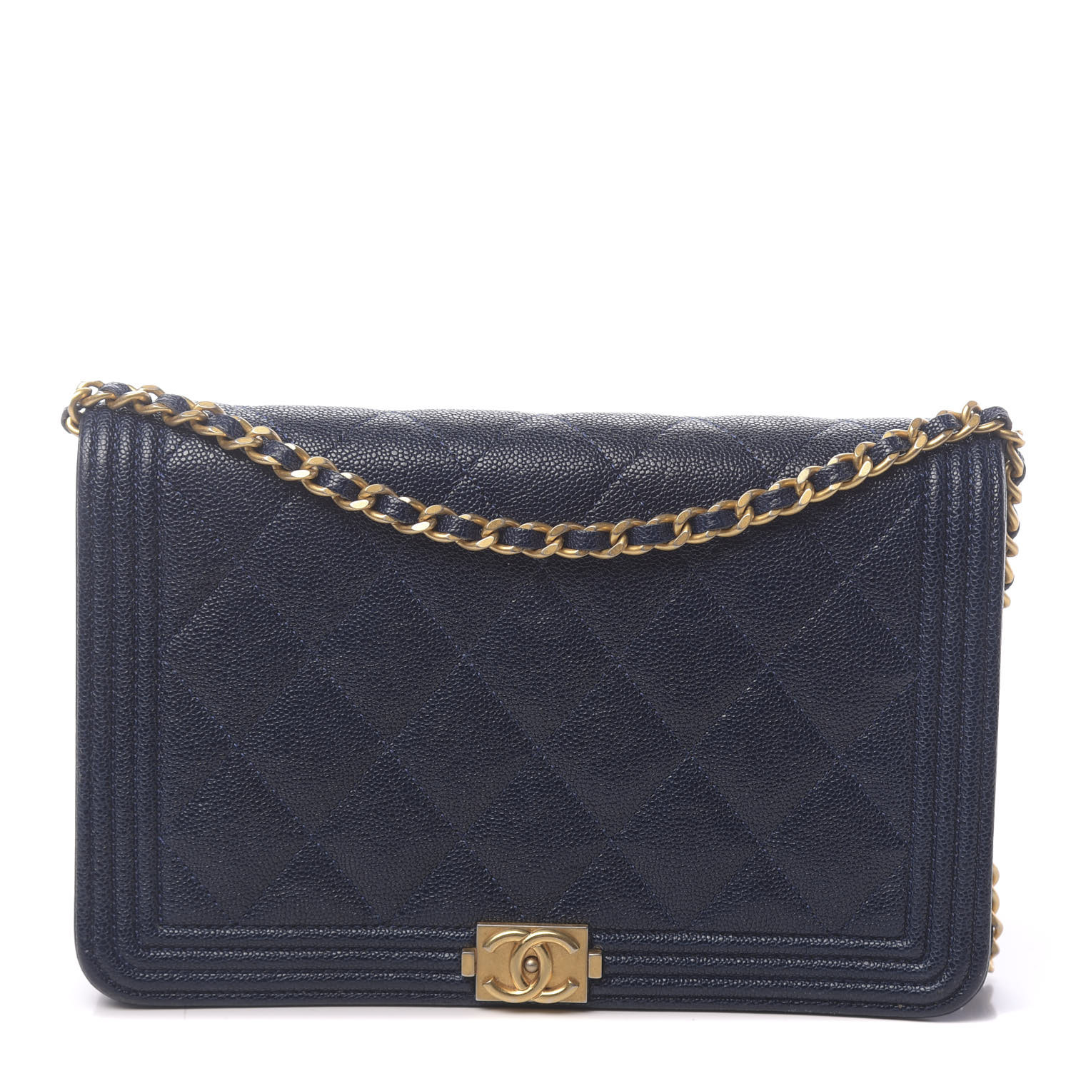 CHANEL Caviar Quilted Boy Wallet On Chain WOC Navy 643718 | FASHIONPHILE