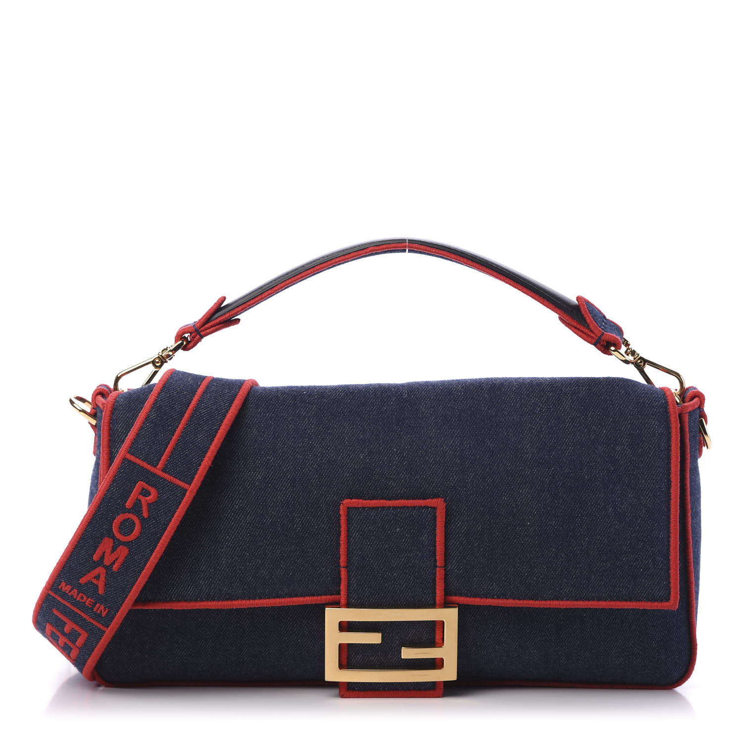 FENDI Denim Large Baguette Blue Rosso 