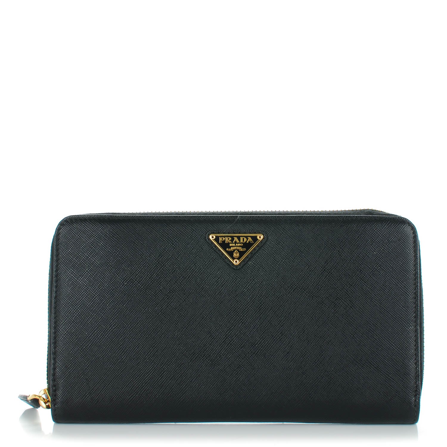 PRADA Saffiano Triangle Large Zip Around Travel Wallet Nero Black 141840