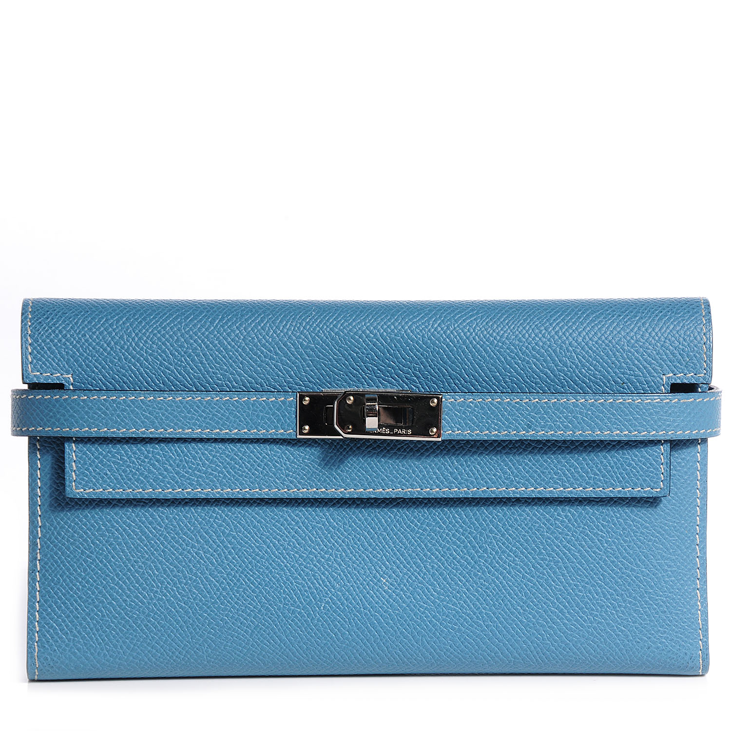 HERMES Epsom Kelly Tri-Fold Wallet Blue Jean 77502 | FASHIONPHILE