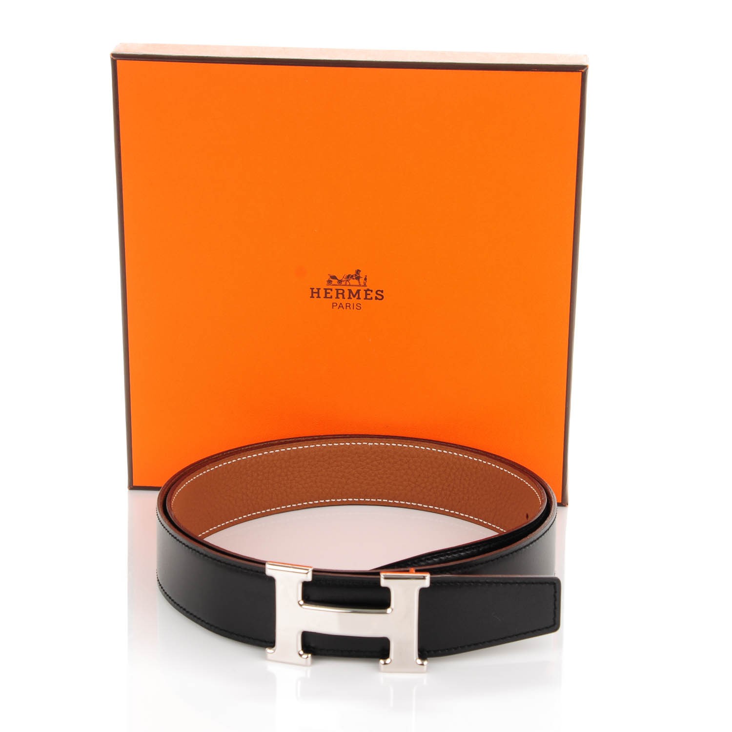 HERMES Box Togo 32mm H Belt 85 Black Gold 154417