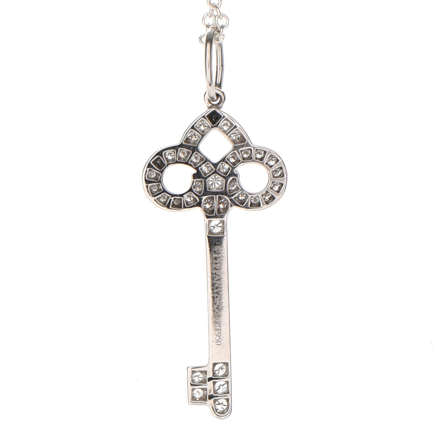 TIFFANY Platinum Diamond .12ct Fleur De Lis Key Pendant Necklace 240861