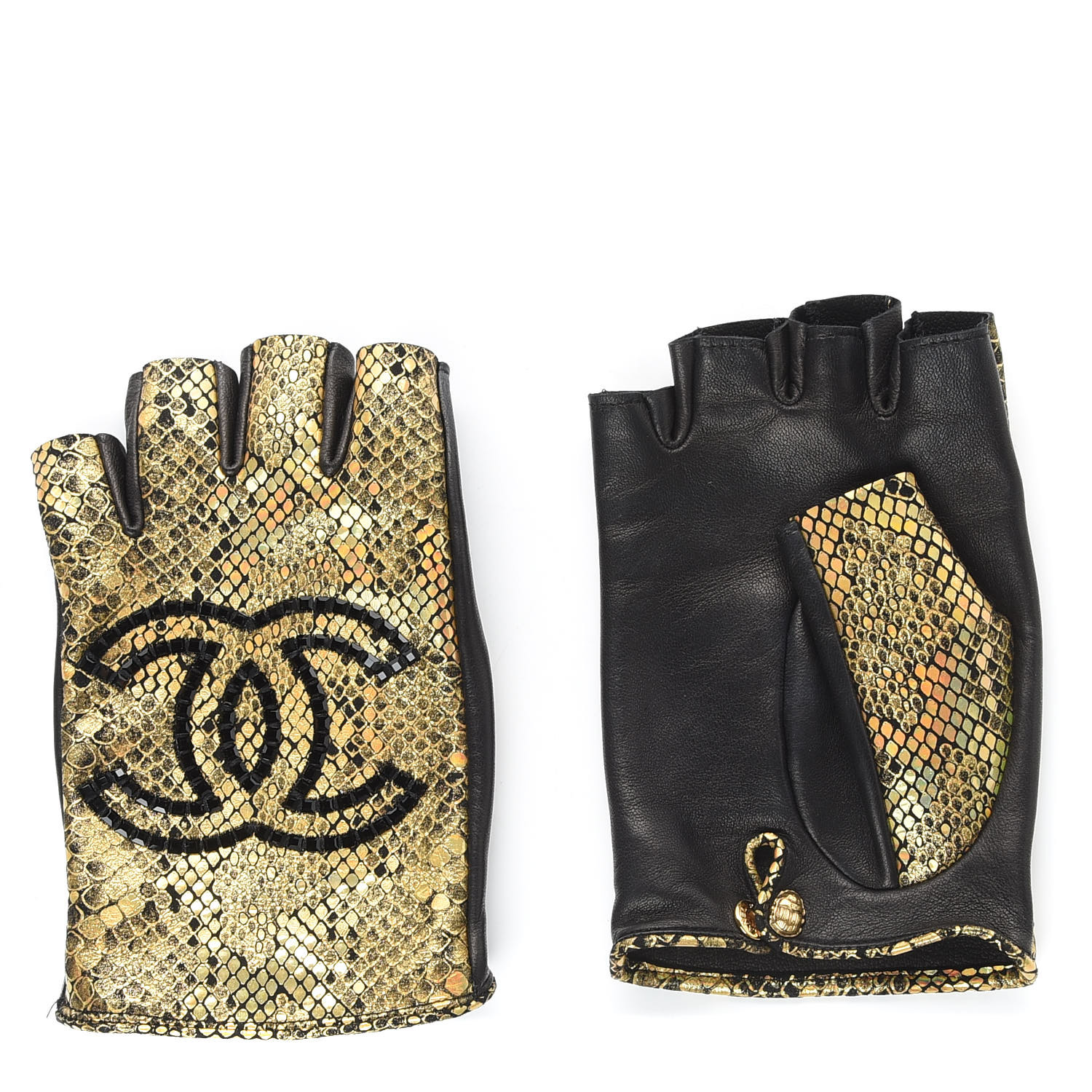 CHANEL Lambskin Sequin Fingerless Gloves 7.5 Black Gold 705131 ...