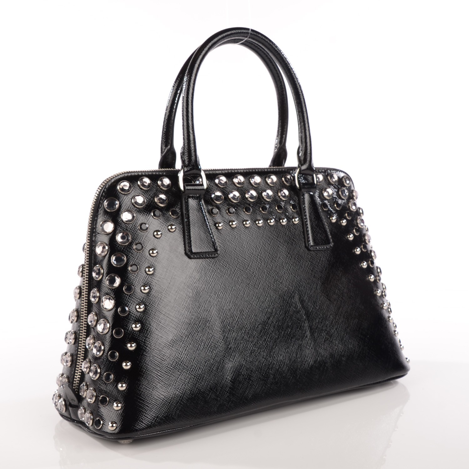 PRADA Saffiano Vernice Crystal Pyramid Bag Black 116239 | FASHIONPHILE