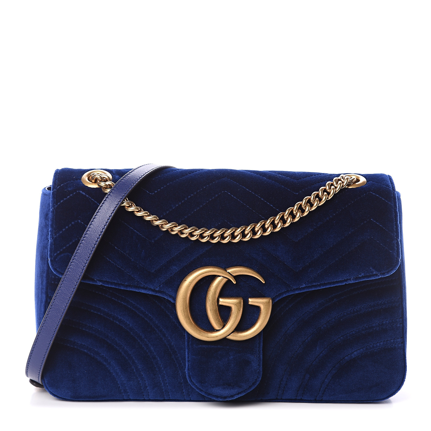 GUCCI Velvet Matelasse Medium GG Marmont Shoulder Bag Cobalt Blue 568695