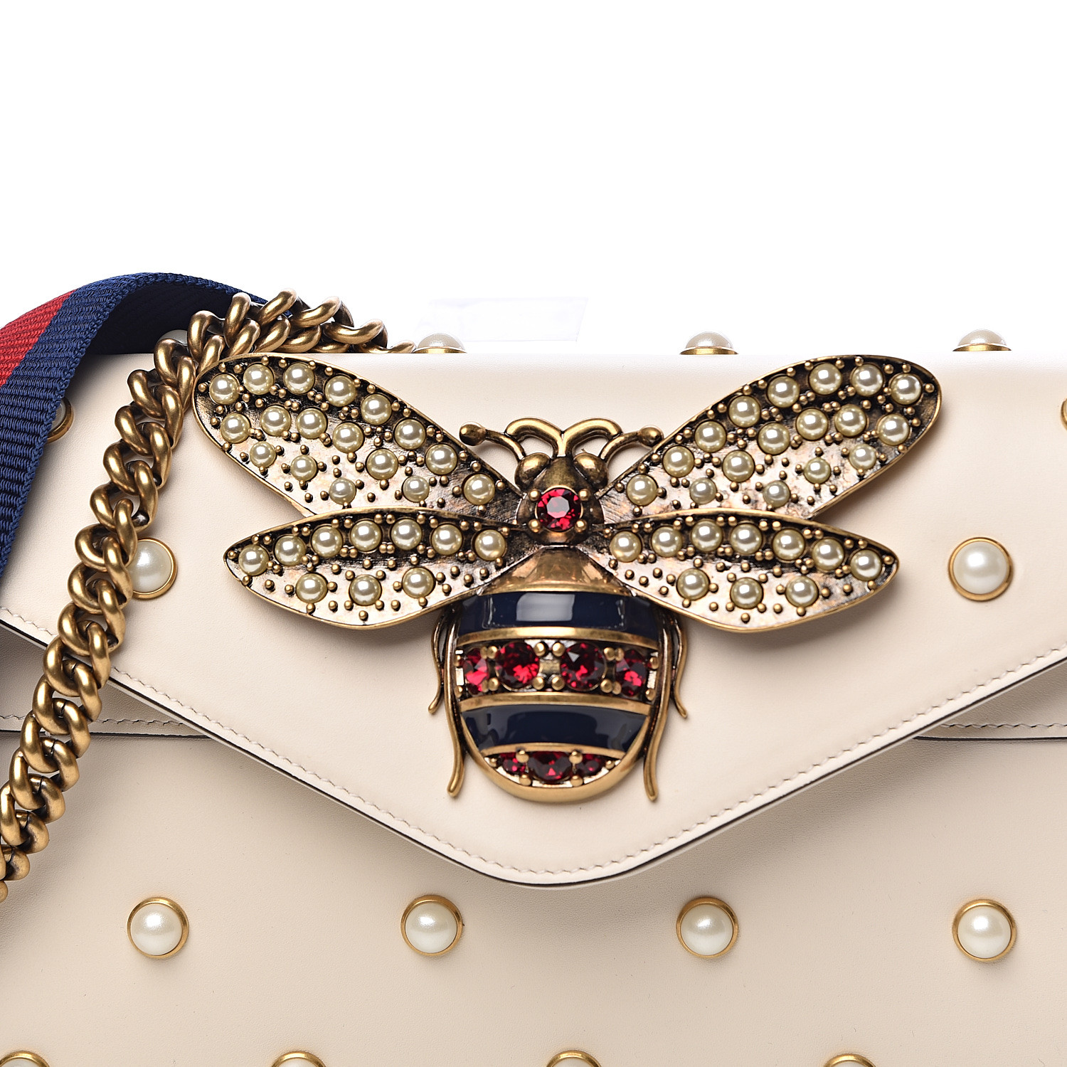 GUCCI Calfskin Pearl Studded Mini Broadway Bee Shoulder Bag White ...