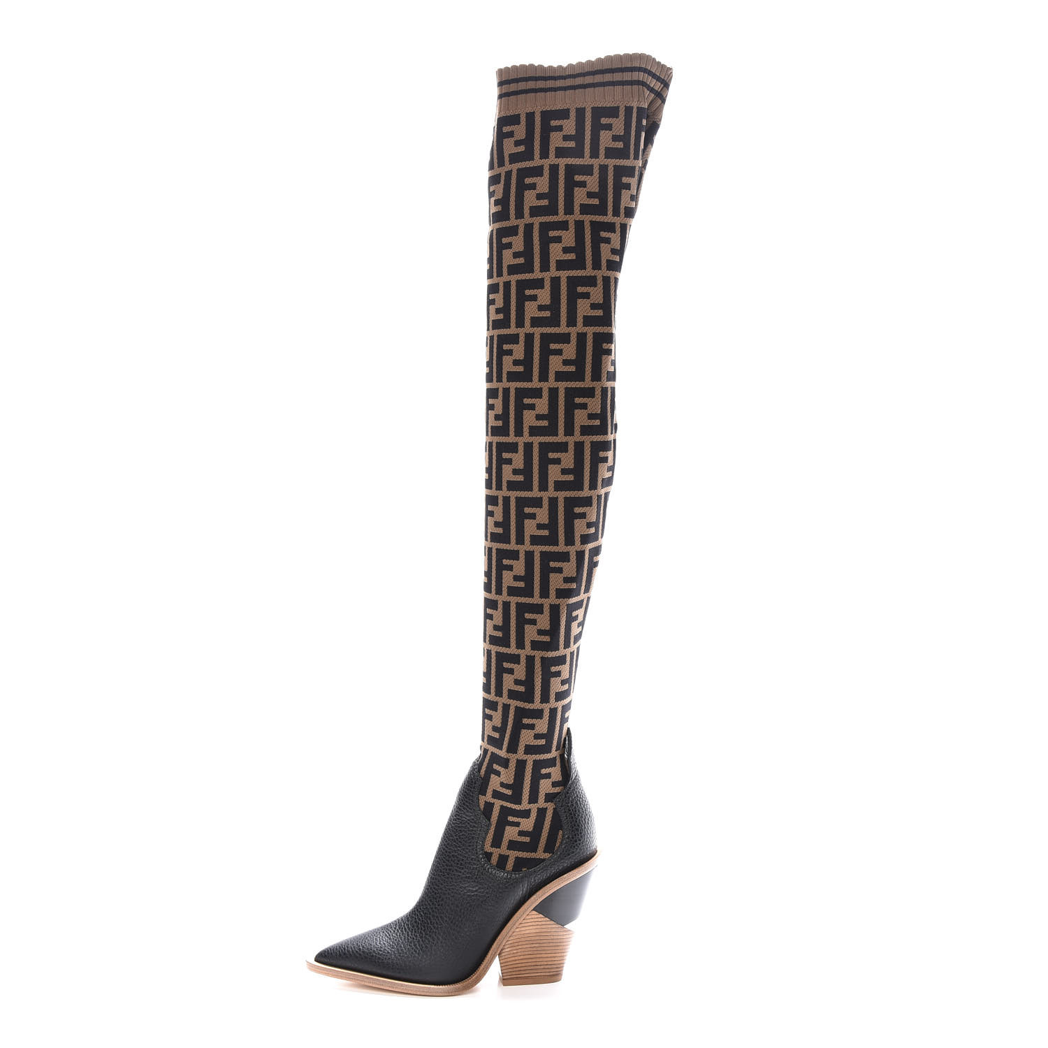 FENDI Stretch Fabric Zucca Thigh High Sock Boots 36 Tobacco Black 399814