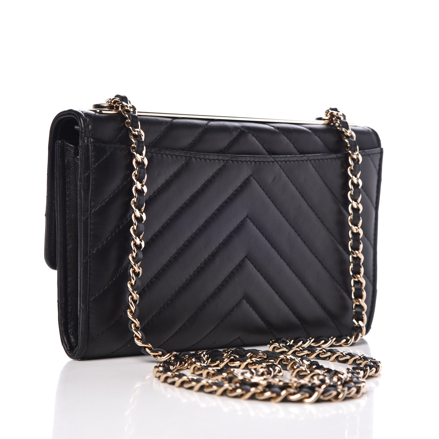 CHANEL Lambskin Chevron Quilted Trendy CC Wallet On Chain WOC Black 308292