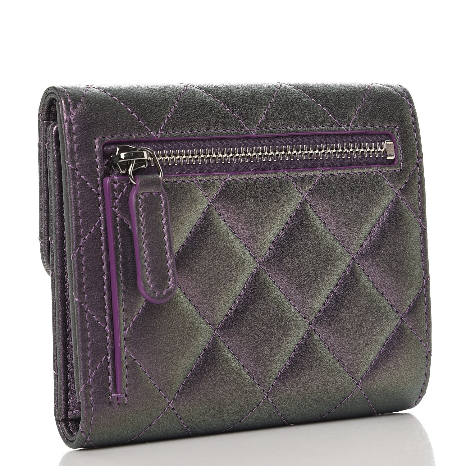 CHANEL Metallic Lambskin Quilted Compact Flap Wallet Purple 278108