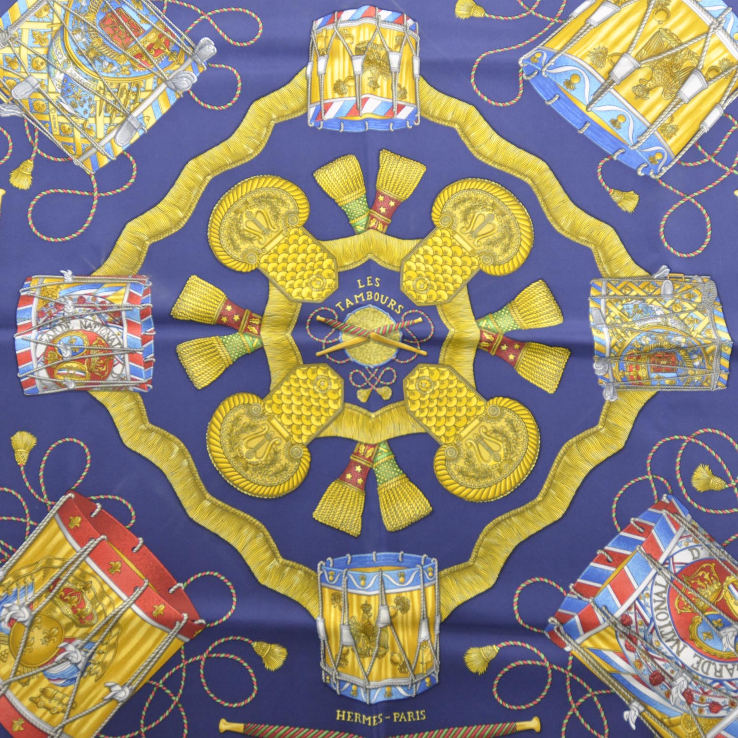 HERMES Silk Les Tambours Scarf 90 Bleu 32819