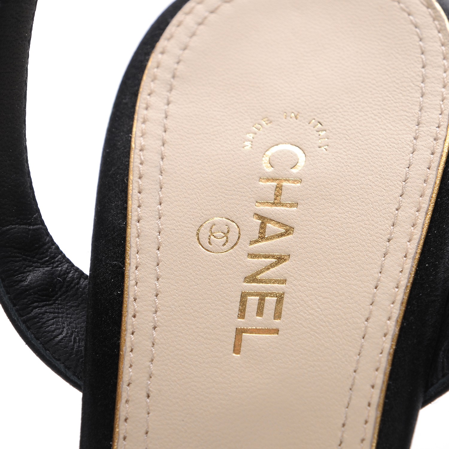 CHANEL Satin Open Toe Pearl Sandal Heels 42 Black 214070