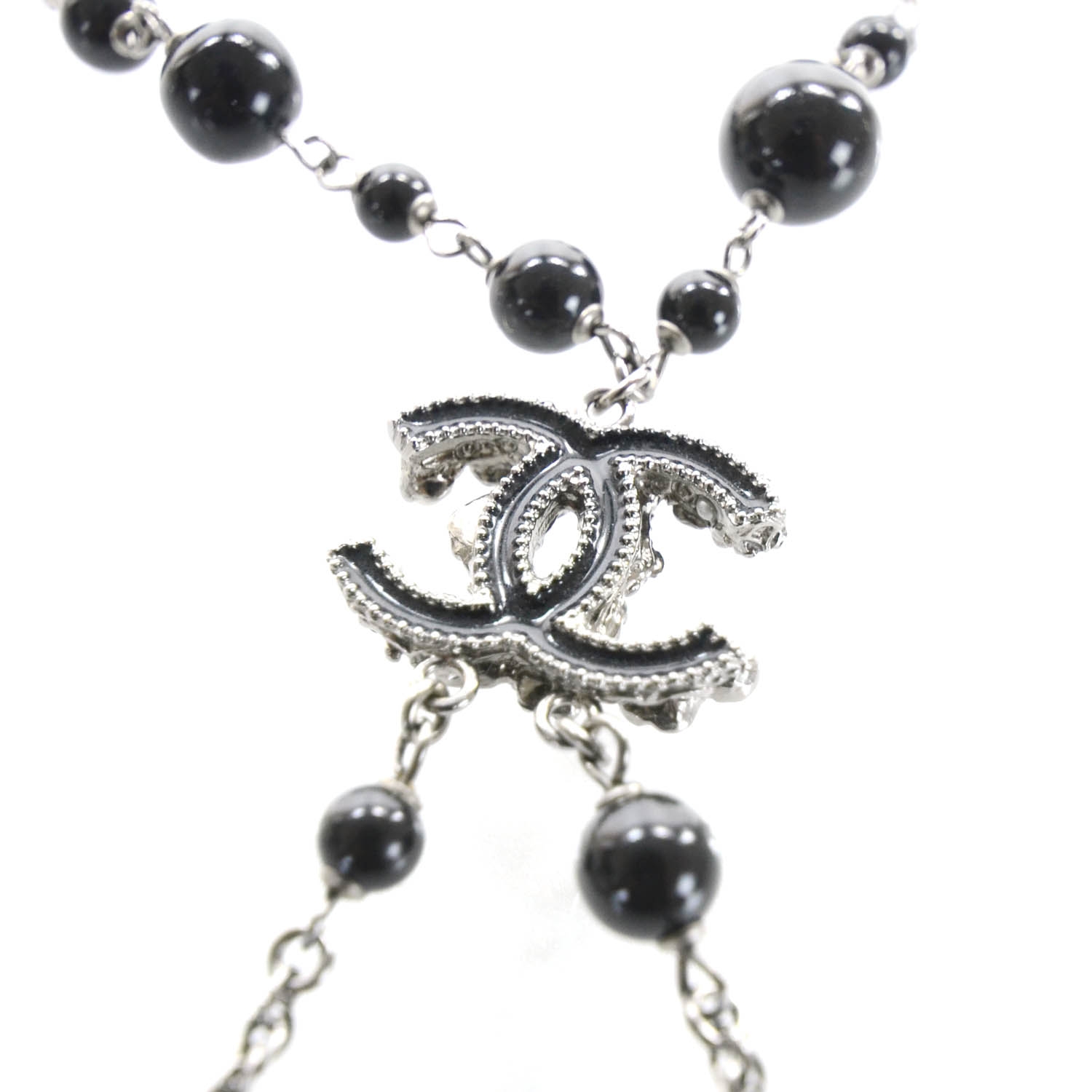 CHANEL Beaded Camellia Crystal Pearl CC Necklace Black 28311