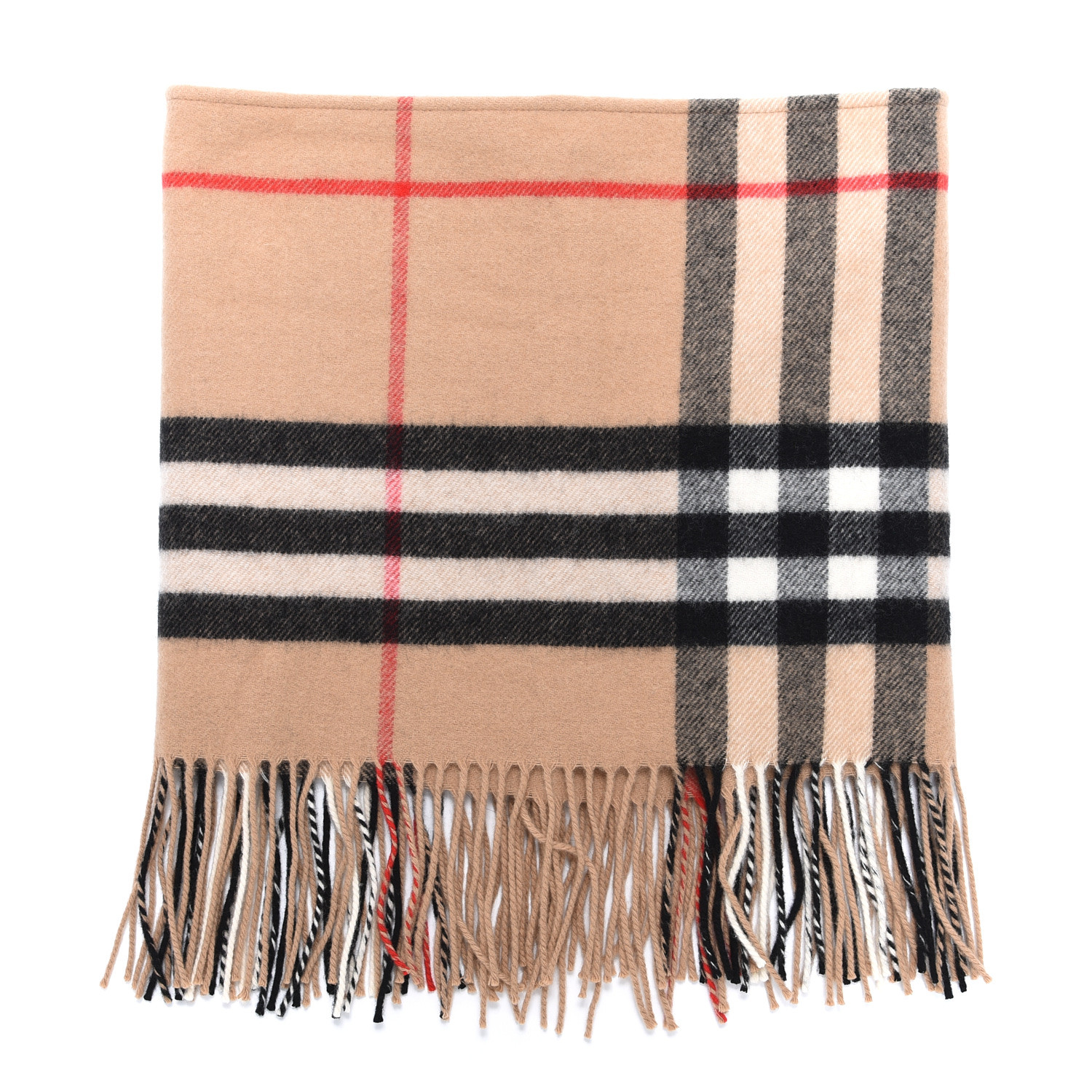 BURBERRY Cashmere Wool Classic Check Infinity Fringe Scarf Camel 558925 ...